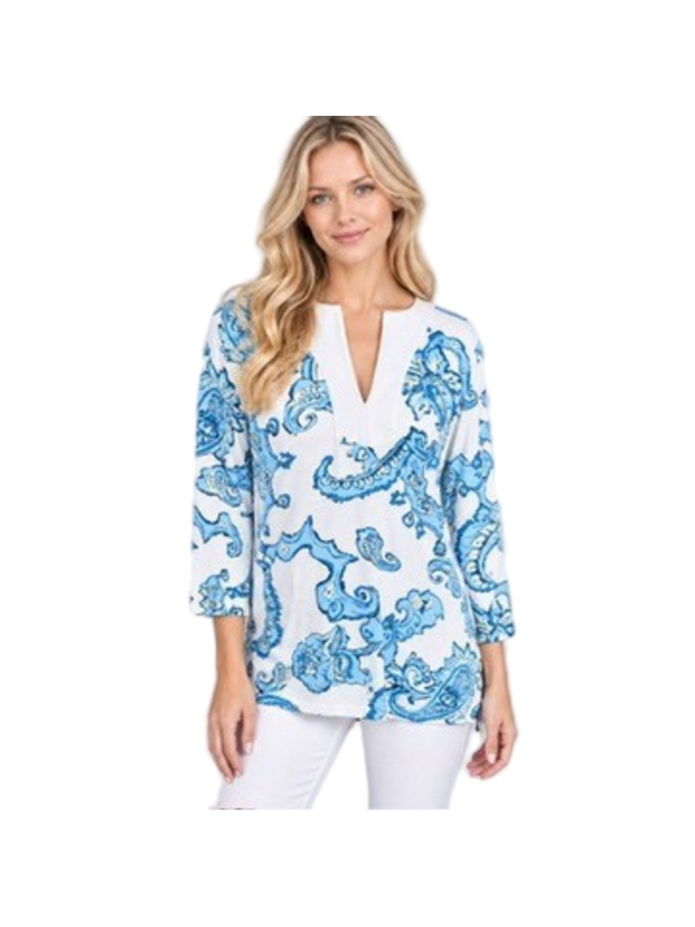 J. McLaughlin Catalina Cloth Tunic Top Blue White Paisley Split V-Neck Chic Sz M